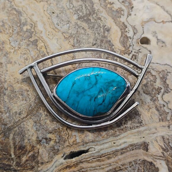 Vtg Modernist Artisan Signed Sterling Silver Turquoise Brooch - Picture 1 of 7